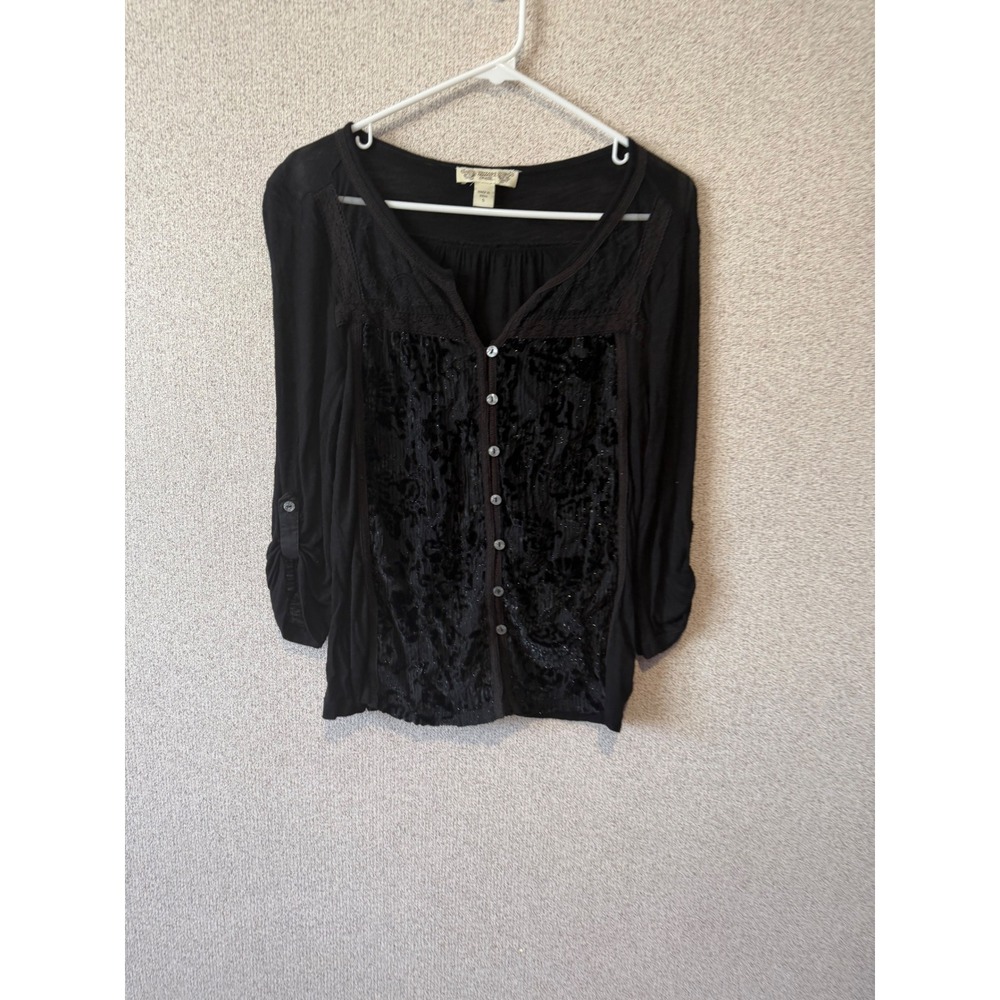 Vintage America Blues Black Velvet Lace Button Front Roll Tab Sleeve‎ Top Small